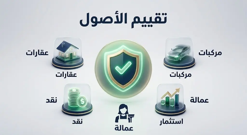 إنفوجرافيك احترافي يوضح أنواع الأصول المعتمدة للتقييم في حساب المواطن، وتشمل العقارات، المركبات، الأصول النقدية، المحافظ الاستثمارية، والعمالة المنزلية وتأثيرها على الأهلية.