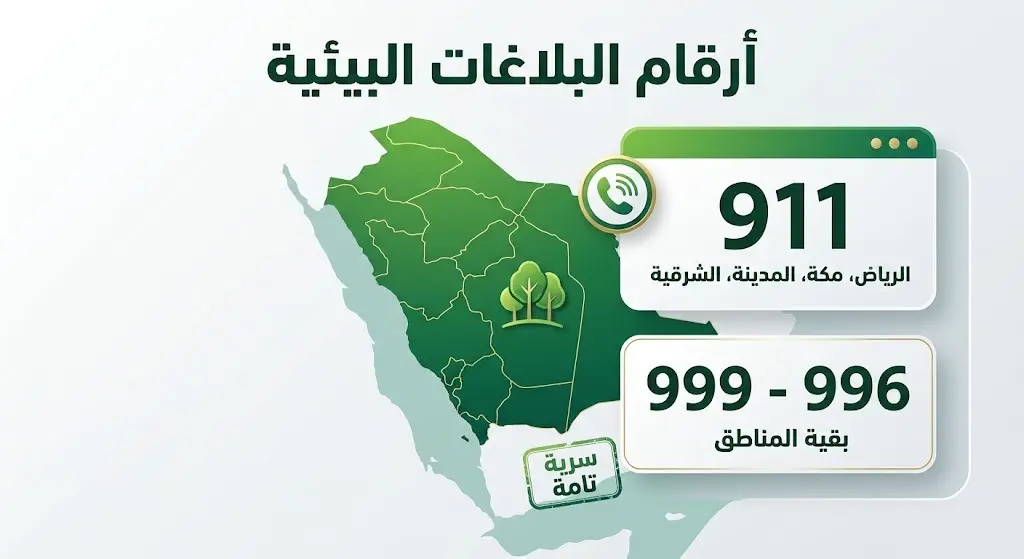 إنفوجرافيك يوضح أرقام تلقي البلاغات البيئية في مناطق المملكة العربية السعودية، حيث يخصص الرقم 911 لمناطق الرياض ومكة والمدينة والشرقية، والرقمين 999 و996 لبقية المناطق.