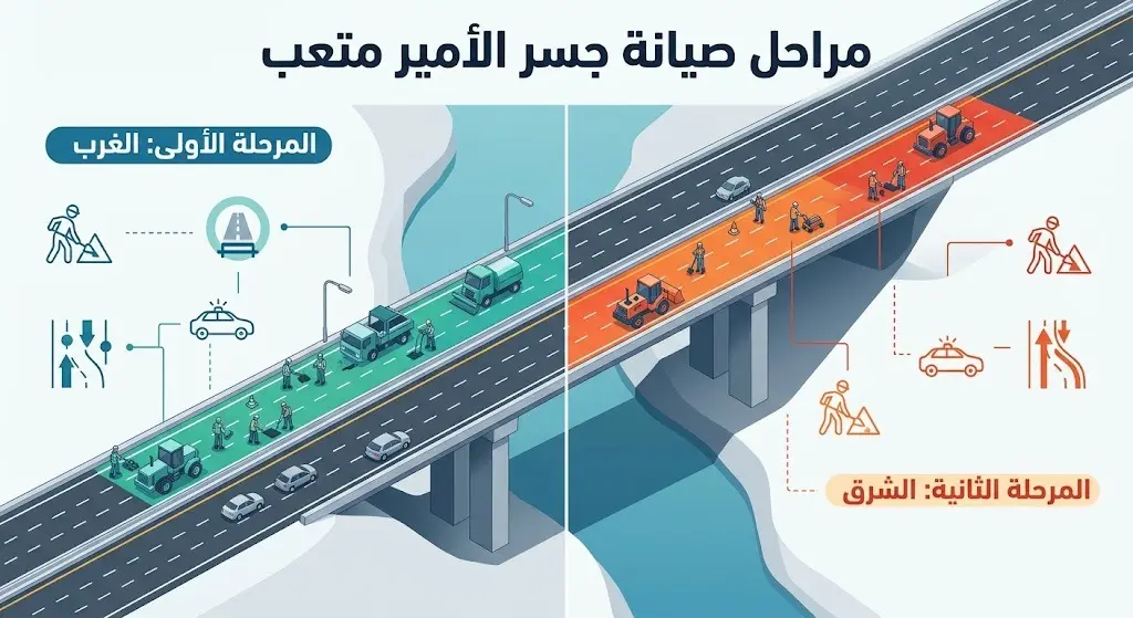 إنفوجرافيك يوضح المرحلتين الأولى والثانية لأعمال صيانة جسر الأمير متعب في الدمام ومسارات الإغلاق لكل مرحلة.