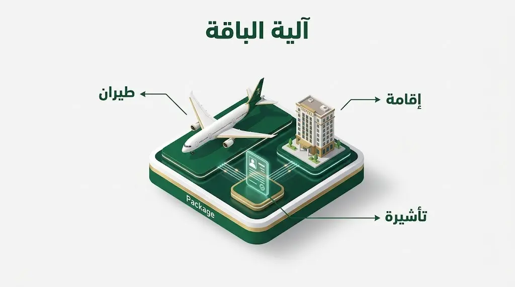 إنفوجرافيك يوضح آلية عمل البرنامج التجريبي لدمج تذاكر الطيران ومرافق الإقامة وتأشيرة الدخول في باقة سياحية واحدة.