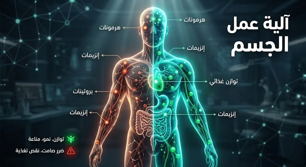 إنفوجرافيك طبي ثلاثي الأبعاد يجسد منظومة عمل جسم الإنسان المعقدة وتأثير التوازن الغذائي مقابل تراكم أضرار نقص المكونات الأساسية
