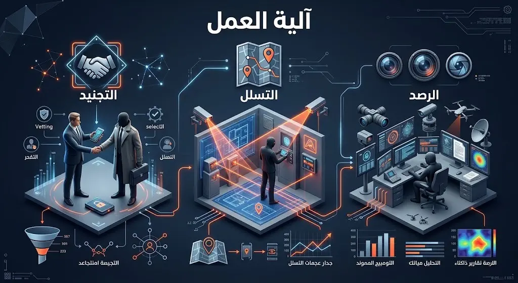 تصميم بياني يعرض مراحل تنفيذ المخطط بدءاً من التجنيد وتمرير العناصر لجمع المعلومات الاستخباراتية.