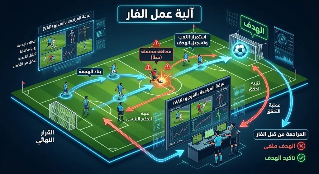 إنفوجرافيك بياني يشرح آلية تدخل تقنية الفيديو (الفار) لمراجعة مراحل بناء الهجمة قبل تسجيل الأهداف.