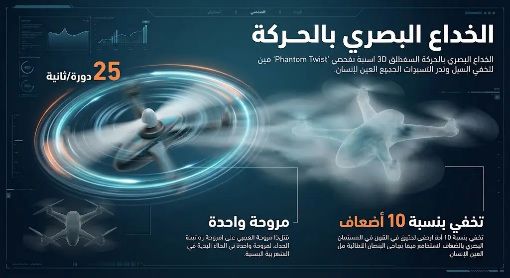رسم توضيحي يظهر طائرة فانتوم تويست أحادية المروحة أثناء دورانها السريع الذي يحولها إلى شكل ضبابي يصعب رصده مقارنة بالطائرات التقليدية.