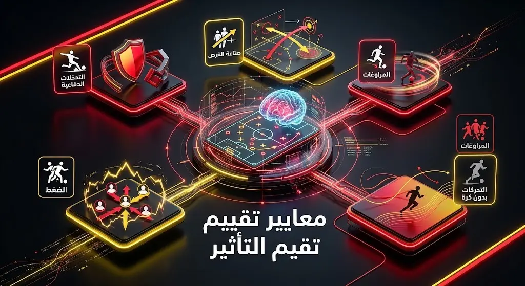 إنفوجرافيك يوضح المعايير الخمسة لنظام تقييم التأثير الكروي وهي التدخلات الدفاعية، صناعة الفرص، المراوغات، الضغط، والتحركات بدون كرة.