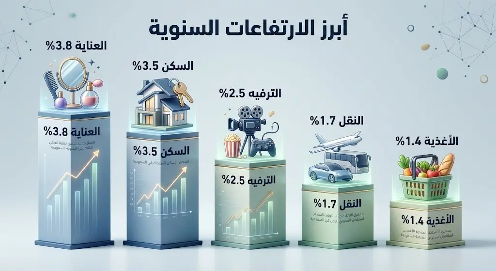 إنفوجرافيك يوضح أبرز الارتفاعات السنوية في معدلات التضخم في السعودية لشهر يونيو 2026، متضمناً قطاعات العناية الشخصية، السكن، الترفيه، النقل، والأغذية.
