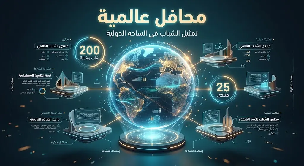 تصميم مرئي احترافي يستعرض أبرز المحافل الدولية المستهدفة في برنامج وفد، متضمناً إحصائيات مشاركة أكثر من 200 شاب وشابة في 25 منتدى دولي.
