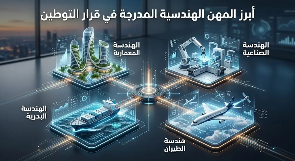 تصميم بصري يستعرض أبرز التخصصات الهندسية المشمولة بقرار التوطين مثل العمارة والطيران والصناعة