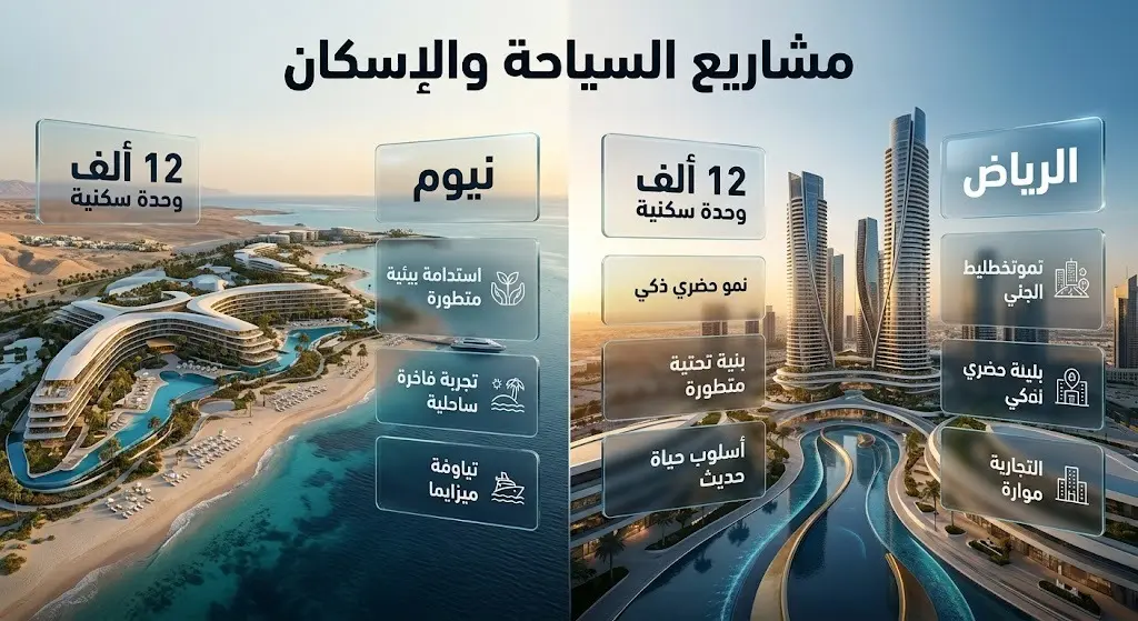 إنفوجرافيك معماري يستعرض بيانات ومساحات أبرز مشاريع السياحة والإسكان في أمالا ونيوم والرياض.
