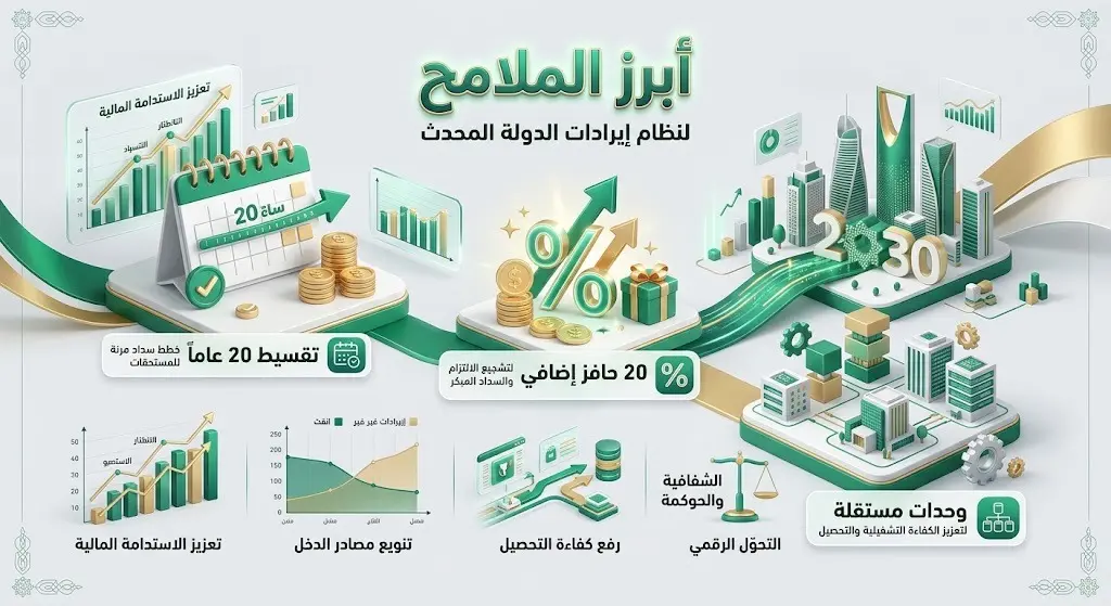 إنفوجرافيك احترافي يستعرض أبرز ملامح نظام إيرادات الدولة المحدث في السعودية، متضمناً تفاصيل التقسيط حتى 20 عاماً وتخصيص 20% كحافز للجهات الحكومية.