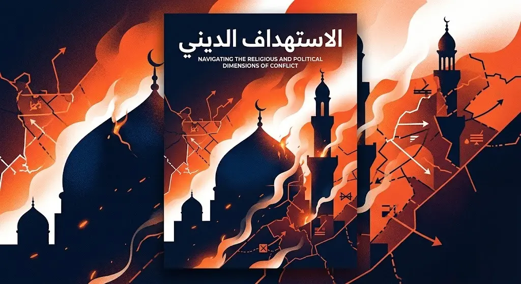 تصميم تعبيري يدمج بين الرموز الدينية كالمساجد وتأثيرات الدمار، مع خلفية داكنة تعكس التوتر السياسي والديني الحاصل.