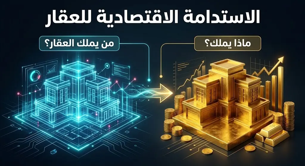 تصميم بصري يعبر عن التحول في مفهوم التسجيل العقاري من مجرد معرفة المالك إلى توثيق كامل تفاصيل العقار وحقوقه لدعم الاقتصاد.