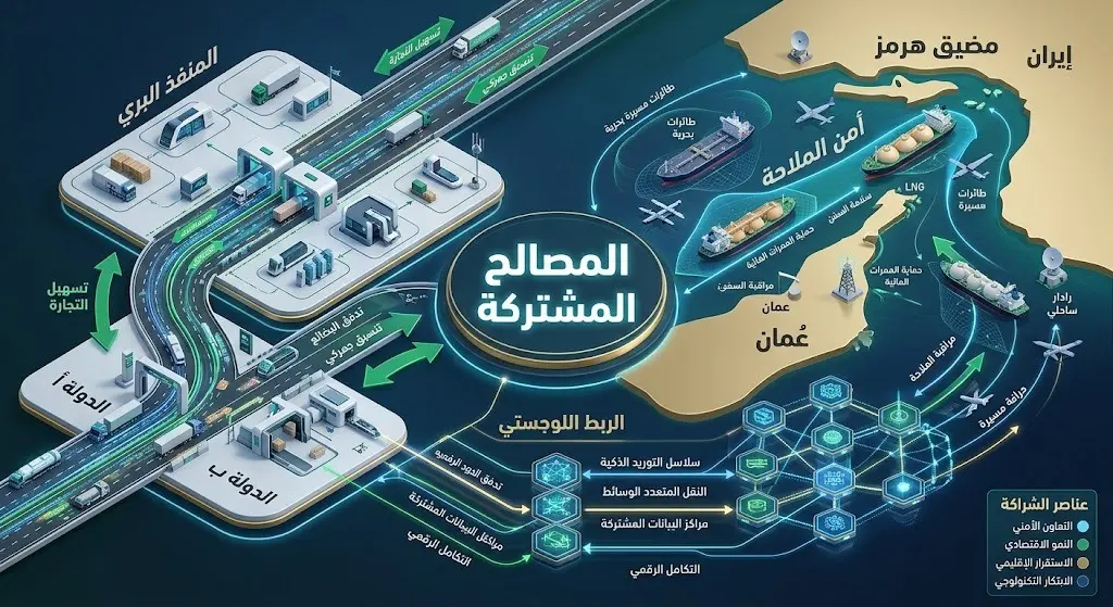 رسم بياني ثلاثي الأبعاد يوضح مسارات التنسيق الثنائي التي تشمل المنفذ البري المشترك والربط اللوجستي وأمن الملاحة في مضيق هرمز.
