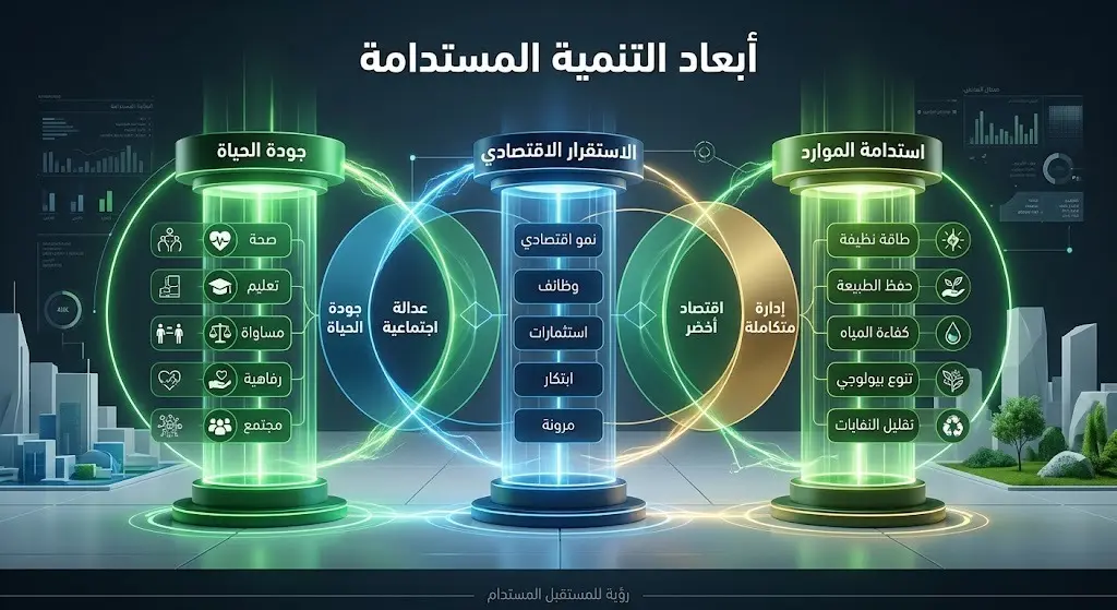 رسم معلوماتي يوضح أبعاد التنمية المستدامة وتأثيرها المباشر على جودة الحياة والاستقرار الاقتصادي واستدامة الموارد.