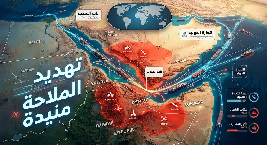 خريطة ثلاثية الأبعاد لمضيق باب المندب توضح مسارات السفن التجارية مع مؤشرات تحذيرية ترمز لتهديدات الملاحة الدولية.