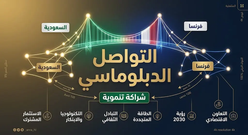 إنفوجرافيك وتصميم ثلاثي الأبعاد يعبر عن التواصل الدبلوماسي والشراكة التنموية بين المملكة العربية السعودية وفرنسا عبر عقد مضيئة ونصوص عربية دقيقة.