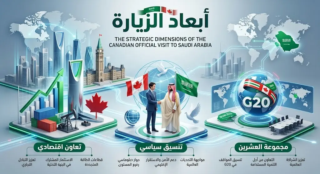 تصميم بياني يوضح الأبعاد الاستراتيجية والاقتصادية للزيارة الكندية للمملكة وتنسيق مجموعة العشرين