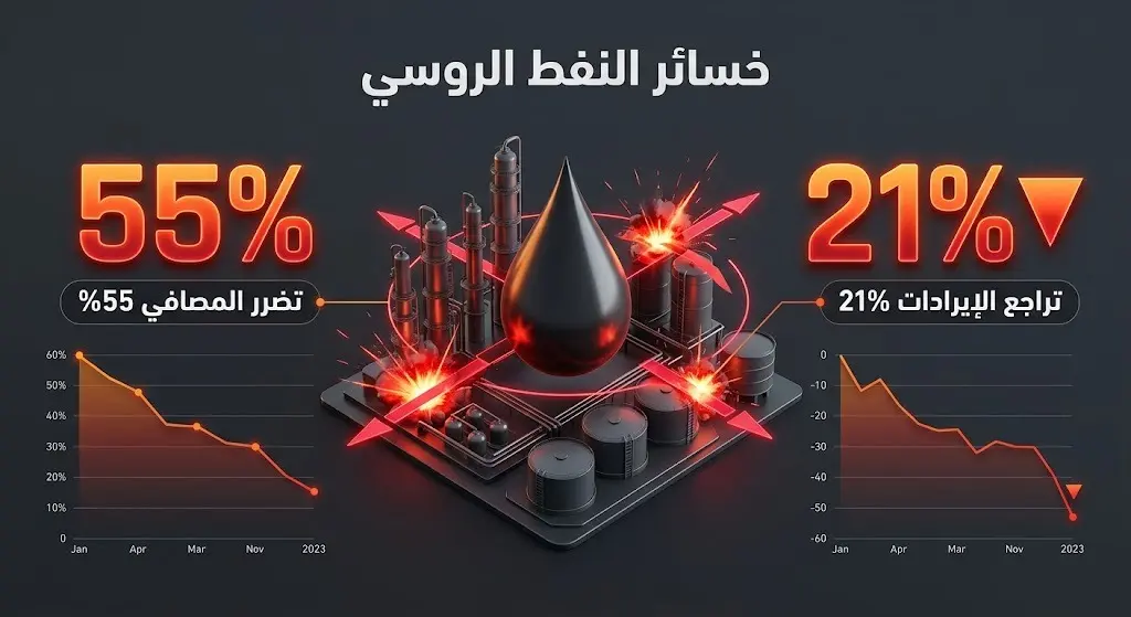 إنفوجرافيك بياني يستعرض تداعيات الهجمات الأوكرانية على البنية التحتية لمصافي النفط الروسية وتأثيرها على الإيرادات