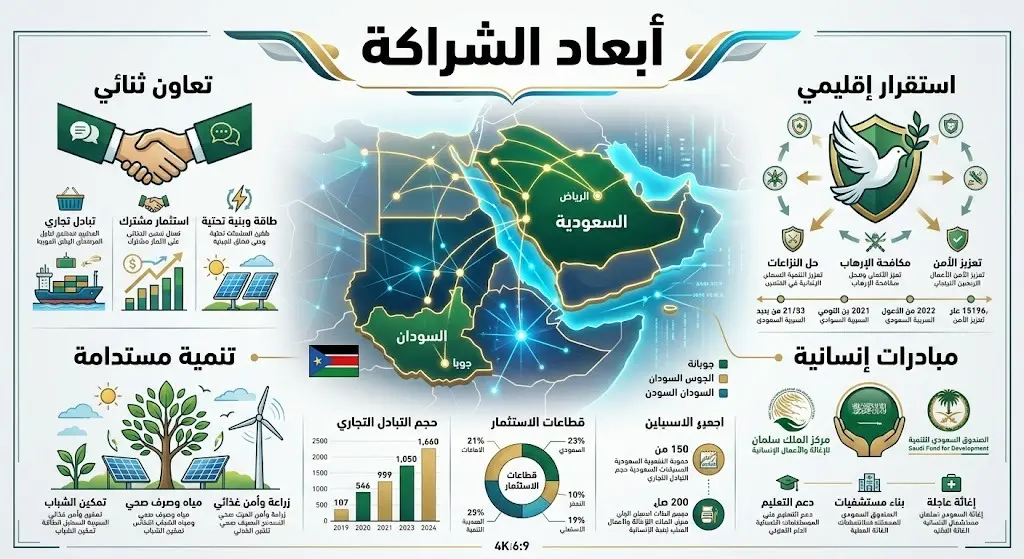 تصميم إنفوجرافيك إخباري يبرز مسارات التعاون الدبلوماسي والروابط الثنائية بين السعودية وجنوب السودان، مع نصوص عربية توضح أبعاد الشراكة والاستقرار الإقليمي.