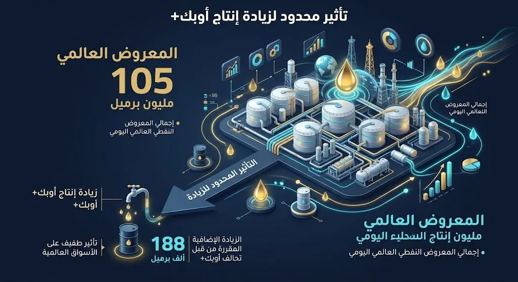 إنفوجرافيك بياني يوضح حجم زيادة إنتاج أوبك+ البالغة 188 ألف برميل يوميا مقارنة بإجمالي الإنتاج العالمي البالغ 105 ملايين برميل