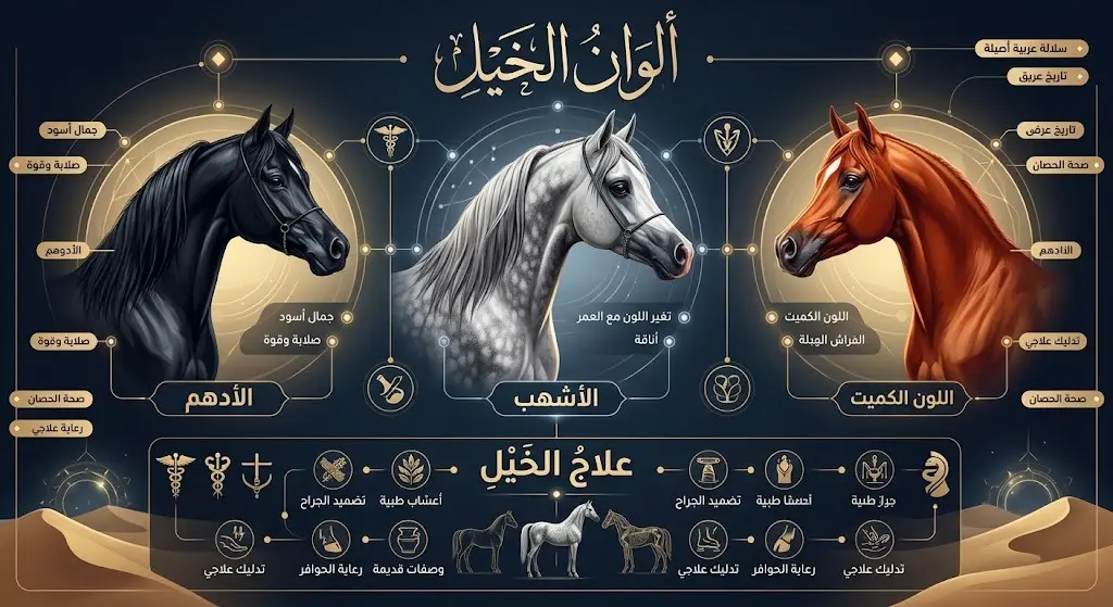 تصميم بصري إبداعي يستعرض ألوان الخيول العربية كالأدهم والأشهب، مع خطوط وتأشيرات توضح علاماتها وأبواب الطب البيطري القديم الخاصة بها.