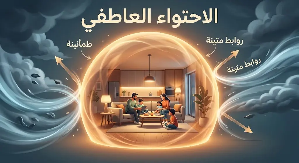 تصميم فني يجسد مفهوم الاحتواء العاطفي كدرع حماية دافئ للمنزل، مع نصوص عربية توضح أهمية الطمأنينة والروابط المتينة.