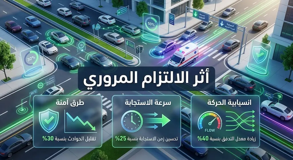 تصميم مرئي يعبر عن انسيابية الحركة المرورية وسرعة استجابة الطوارئ كأثر مباشر لالتزام السائقين بالقوانين