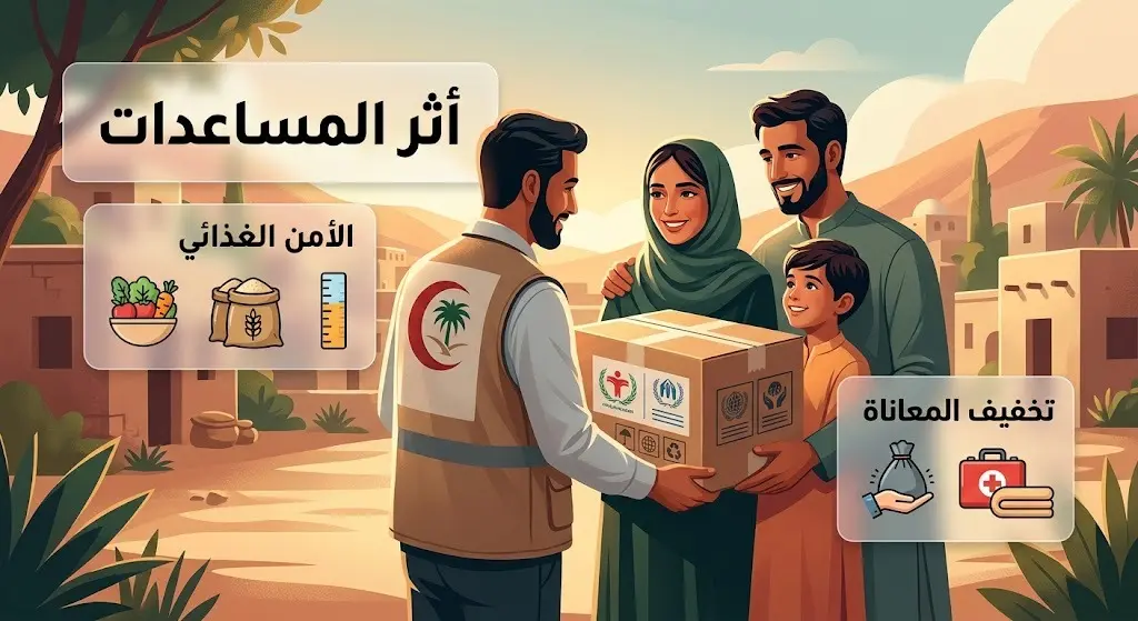 تصميم تعبيري معلوماتي يجسد الأثر الإيجابي والمباشر للمساعدات الإغاثية في دعم الأمن الغذائي وتخفيف معاناة العائلات المتضررة في غزة.