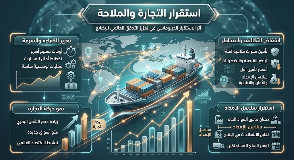 تصميم بصري يجسد التأثير الإيجابي للاستقرار الدبلوماسي على انسيابية حركة التجارة وسلاسل الإمداد البحرية.
