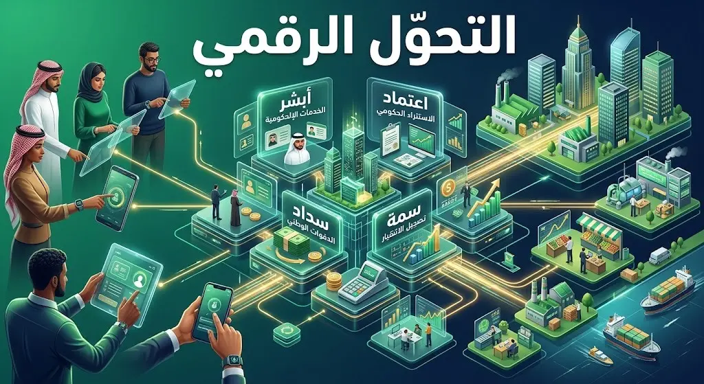 إنفوجرافيك ثلاثي الأبعاد يعبر عن التحول الرقمي ودور منصات مثل أبشر واعتماد في تسهيل بيئة الأعمال