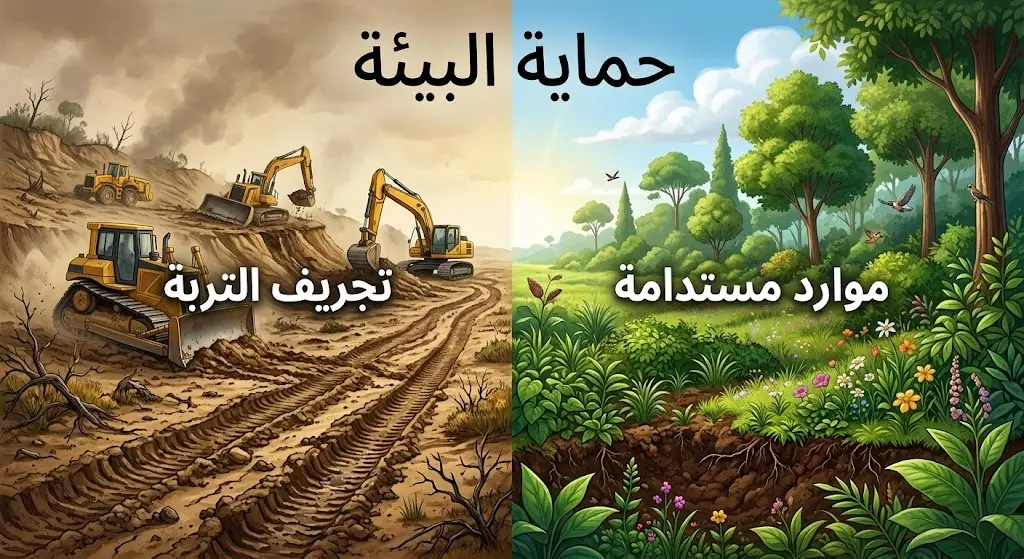 تصميم مقارنة بصرية يوضح التناقض الصارخ بين الأضرار البيئية الناتجة عن تجريف التربة بالآليات الثقيلة، وبين البيئة الطبيعية المحمية والمزدهرة.