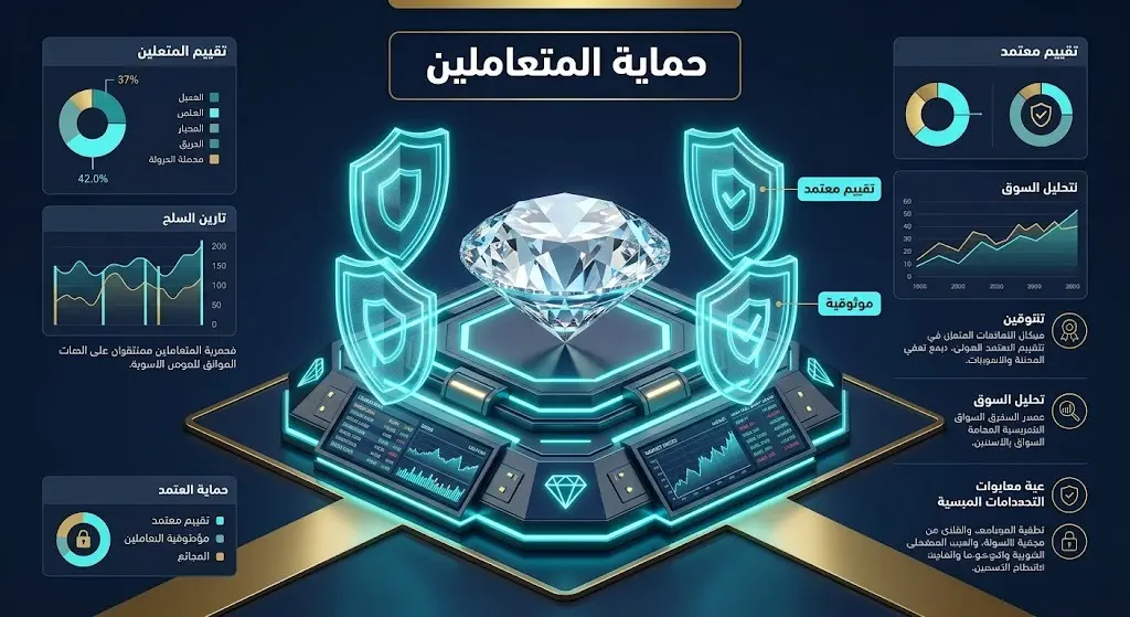 تصميم إنفوجرافيك تعبيري يجسد حماية المتعاملين في سوق المعادن الثمينة والأحجار الكريمة من خلال التقييم المعتمد والموثوق.