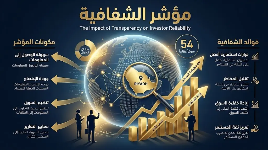 رسم بياني يبرز أثر مؤشر الشفافية الدولية على الأسواق العقارية وتأثيره الإيجابي في جذب المستثمرين.