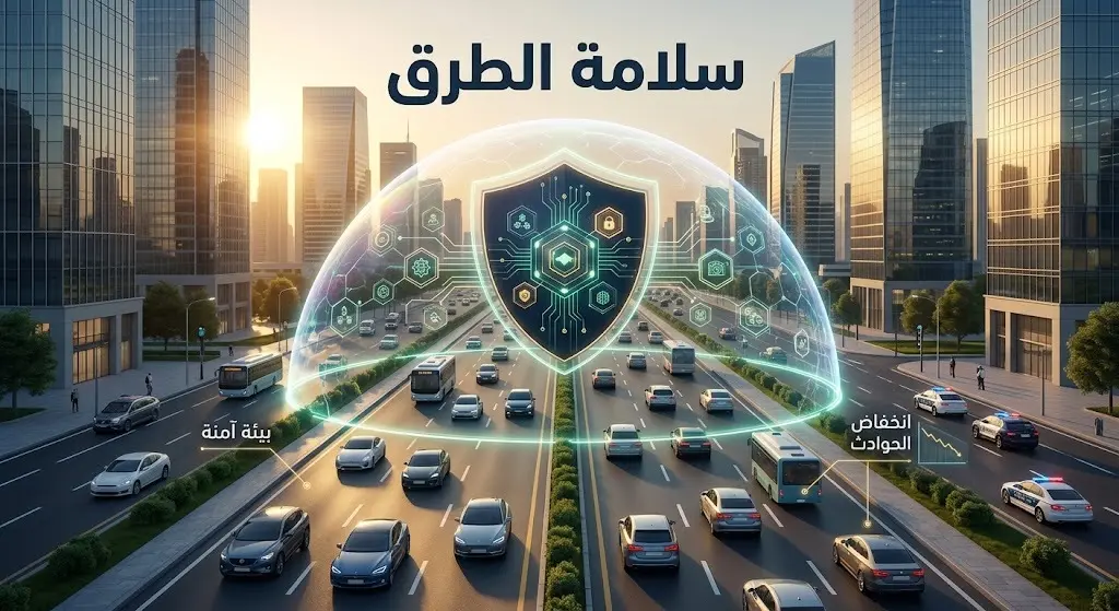 تصميم فني يبرز تأثير الرقابة المرورية في تعزيز سلامة الطرق وتقليل الحوادث عبر درع حماية افتراضي وتدفق آمن للمركبات.