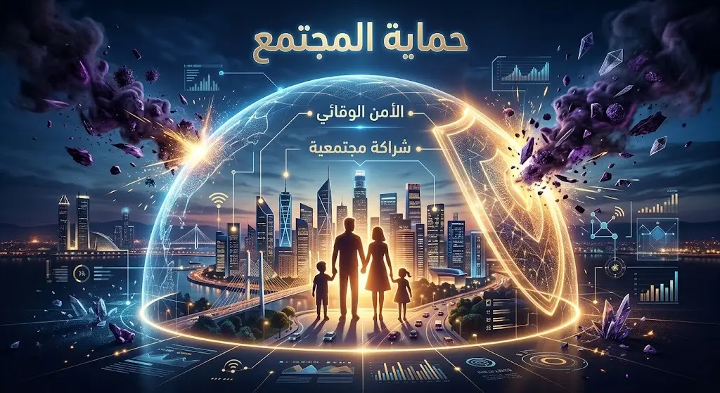 تصميم تعبيري يظهر درعاً أمنياً يحمي مدينة وأسرة من أخطار المخدرات، مع إبراز كلمات تعبر عن حماية المجتمع.