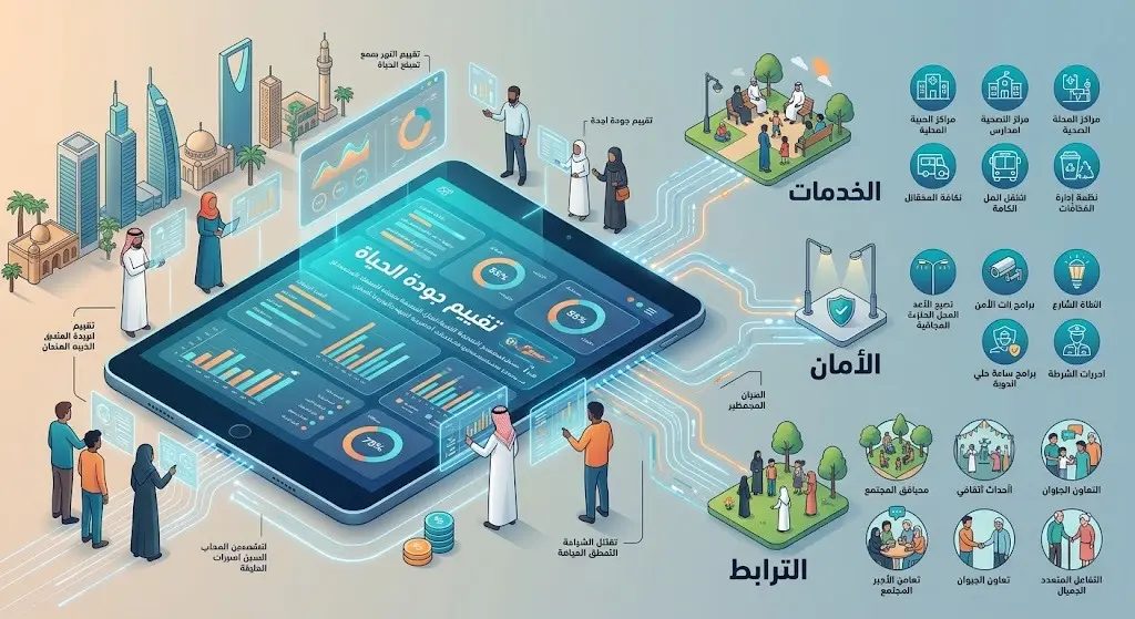 تصميم إنفوجرافيك يوضح أثر الاستبيانات الرقمية ومشاركة سكان جدة في تقييم الخدمات المحلية ومستويات الأمان والترابط المجتمعي.