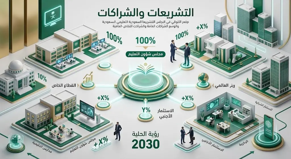 تصميم بياني يوضح أثر نظام التعليم العام الجديد على حوكمة التعليم والتشريعات وتوسيع الشراكات مع القطاعين الخاص وغير الربحي.