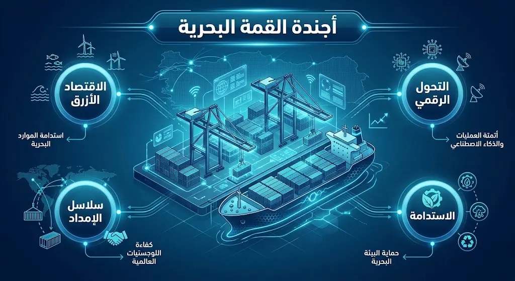إنفوجرافيك يوضح المحاور الرئيسية للقمة البحرية التركية مثل الاقتصاد الأزرق والتحول الرقمي وتطوير الموانئ.
