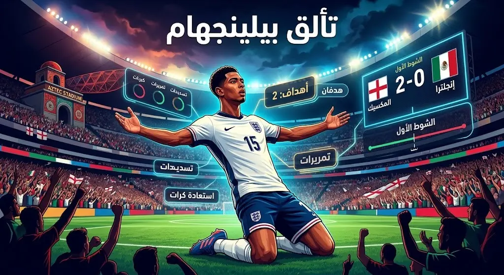تصميم فني يبرز تألق اللاعب جود بيلينجهام وتسجيله هدفين لصالح منتخب إنجلترا في شباك المكسيك خلال الشوط الأول.