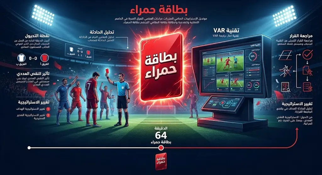 إنفوجرافيك رياضي يبرز لحظة الطرد في الدقيقة 64 وتدخل تقنية حكم الفيديو المساعد (VAR)