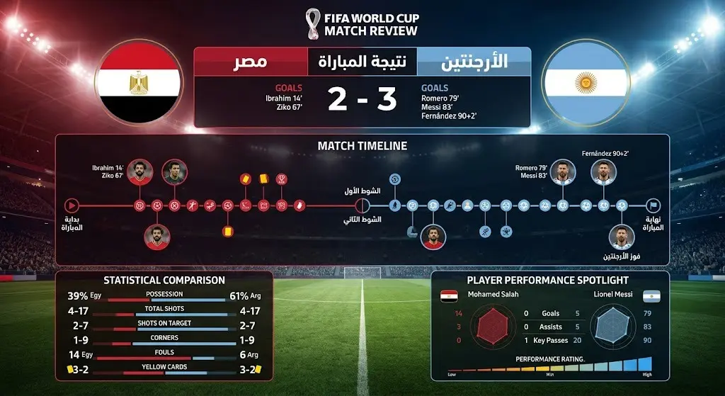 إنفوجرافيك رياضي يستعرض نتيجة وأحداث مباراة مصر والأرجنتين في كأس العالم 2026.