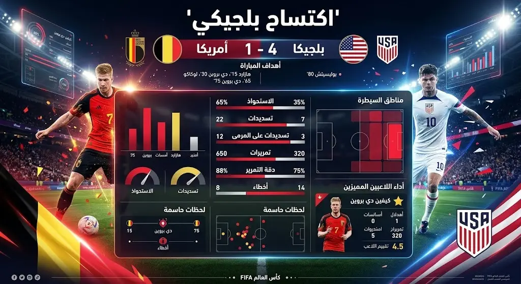 إنفوجرافيك يوضح نتيجة مباراة بلجيكا والولايات المتحدة بفوز المنتخب البلجيكي بأربعة أهداف مقابل هدف