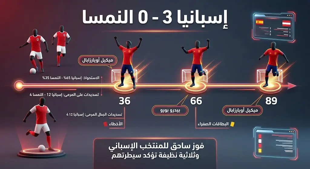 إنفوجرافيك إحصائي يستعرض أحداث وتفاصيل مباراة إسبانيا والنمسا ومسجلي الأهداف وتوقيتاتها.