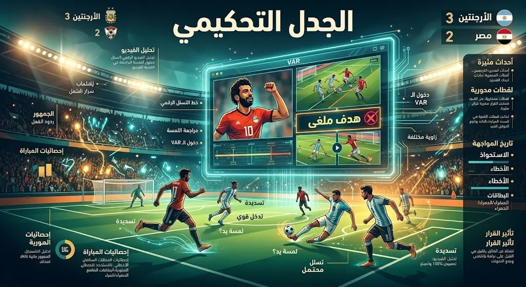 تصميم بصري يجسد الجدل التحكيمي في مباراة مصر والأرجنتين، يظهر فيه مفهوم تقنية الفار مع نتيجة اللقاء والهدف الملغى.