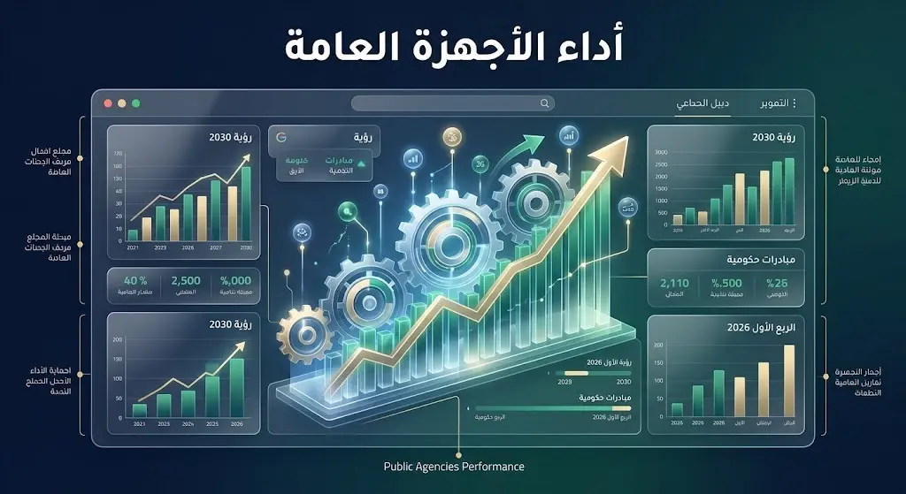 تصميم بياني يبرز تحسن أداء الأجهزة الحكومية وارتفاع نسبة إنجاز المبادرات المرتبطة برؤية 2030 خلال الربع الأول من عام 2026.