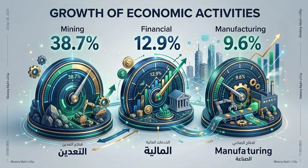 إنفوجرافيك يوضح نسب نمو الأنشطة الاقتصادية في مؤشر الإيرادات التشغيلية، يتصدرها التعدين بنسبة 38.7%.