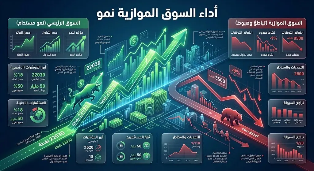 تصميم بياني يقارن بين مسار السوق الرئيسية الصاعد ومؤشر السوق الموازية (نمو).