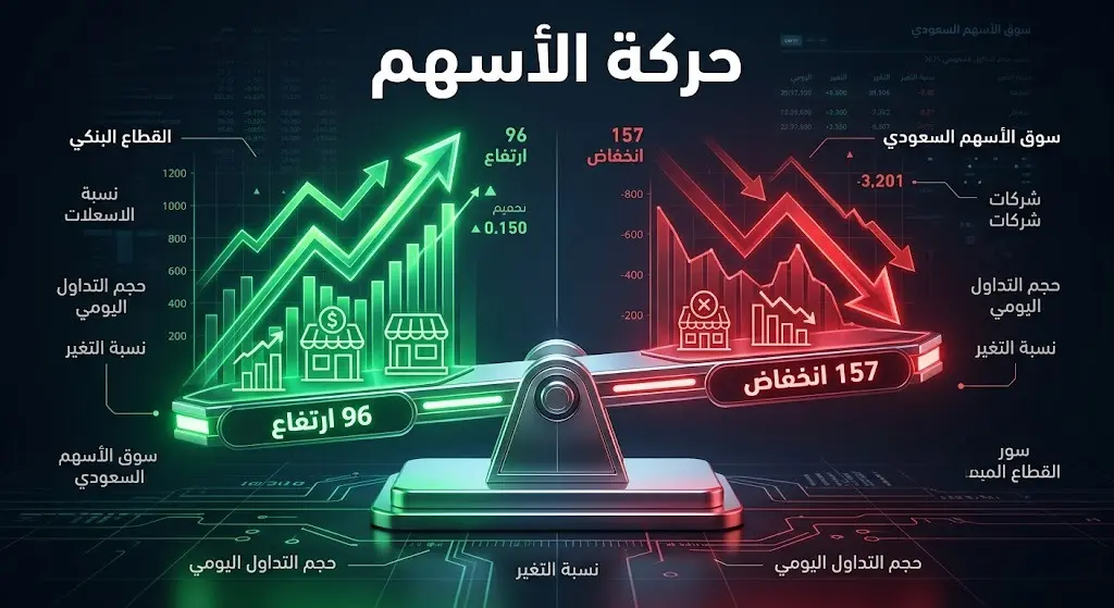 إنفوجرافيك مالي يوضح تباين أداء الأسهم السعودية مع ارتفاع 96 شركة وتراجع 157 شركة بأسلوب عصري.