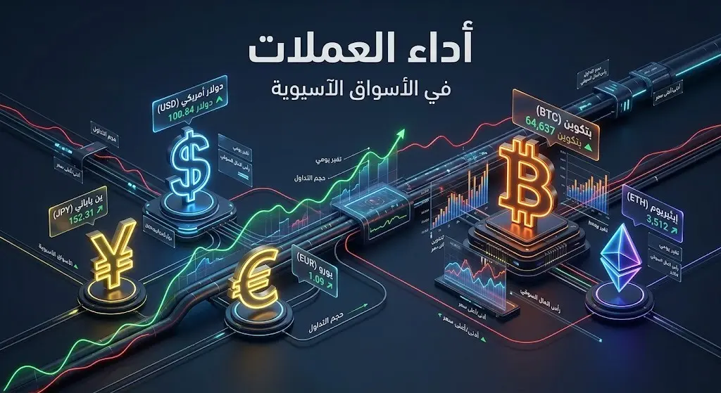إنفوجرافيك مالي ثلاثي الأبعاد يوضح تباين أداء العملات الرئيسية والمشفرة في الأسواق الآسيوية مع مؤشرات صعود وهبوط