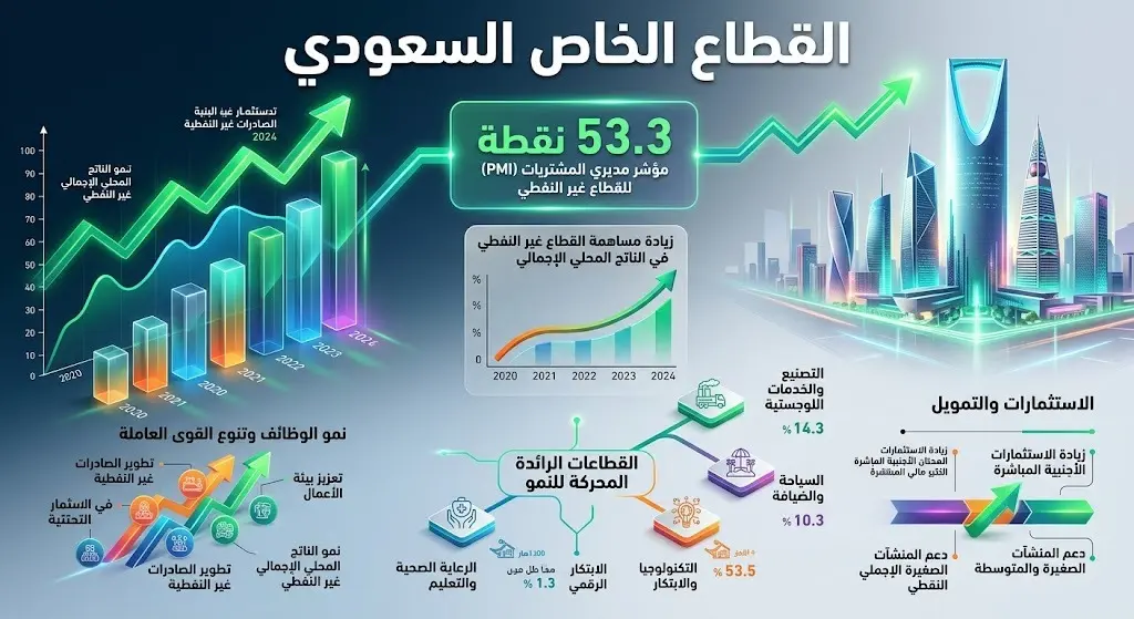 إنفوجرافيك يوضح تصاعد مؤشر مديري المشتريات للقطاع الخاص السعودي وبلوغه 53.3 نقطة